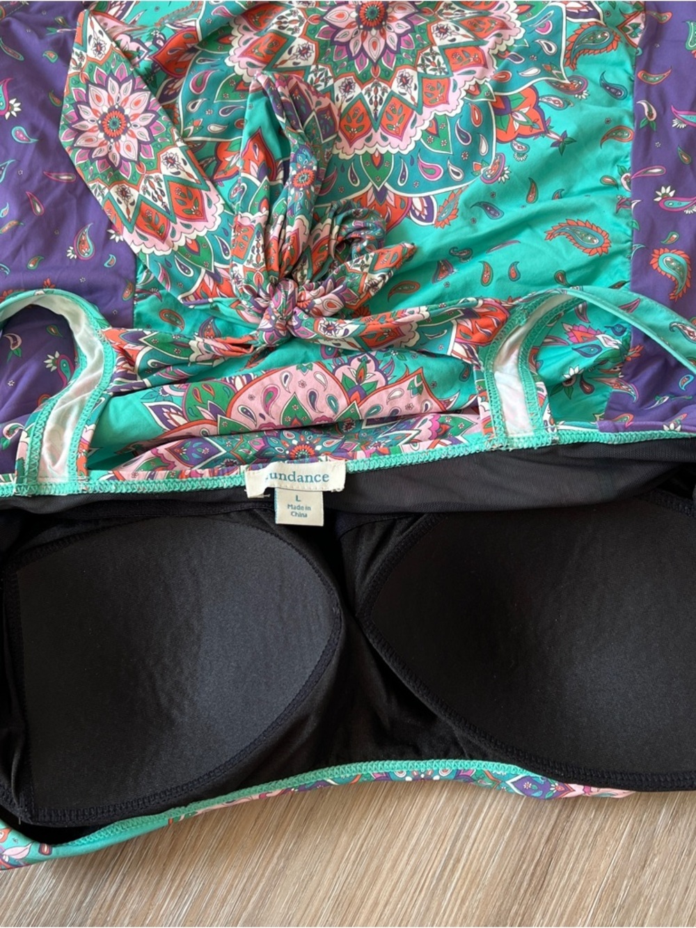 Sundance Boho Paisley One Piece Swimsuit Back Tie Size Large built in cups blue - Picture 4 of 5